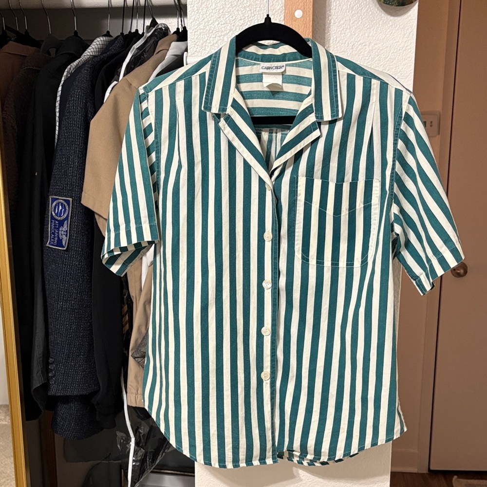 Cabin Creek Teal and White Vertical Stripe Short-Sleeve Shirt